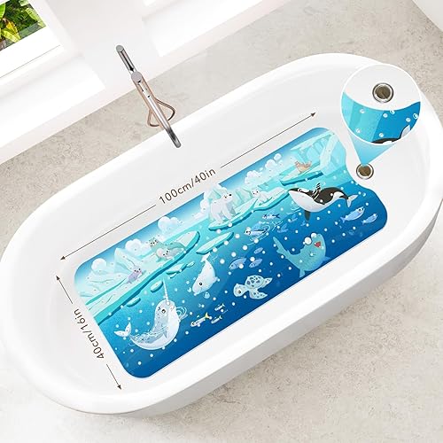 Miniatura 9 de Tapete de baño para bebé antideslizante de 40 x 16 pulgadas, extra largo, para niños, sin moho, tapete antideslizante con ventosas y agujeros de