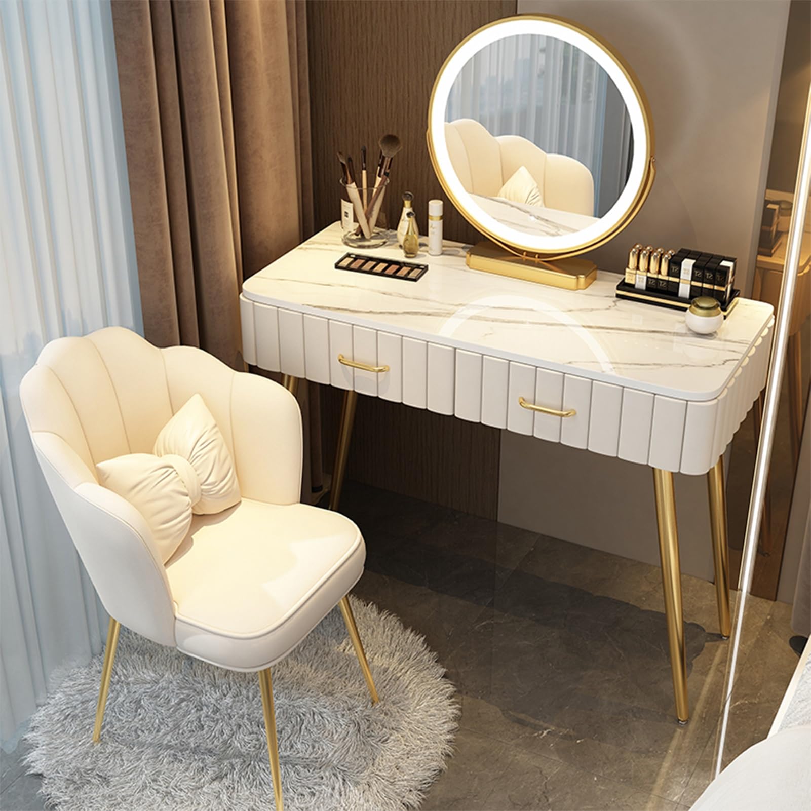 asdchZen 60Cm Makeup Vanity Desk Set With Cushioned Stool 3 Color Dimmable Led Mirror Stylish Gray Dressing Table For Home Bedroom Ideal For Girls & Women
