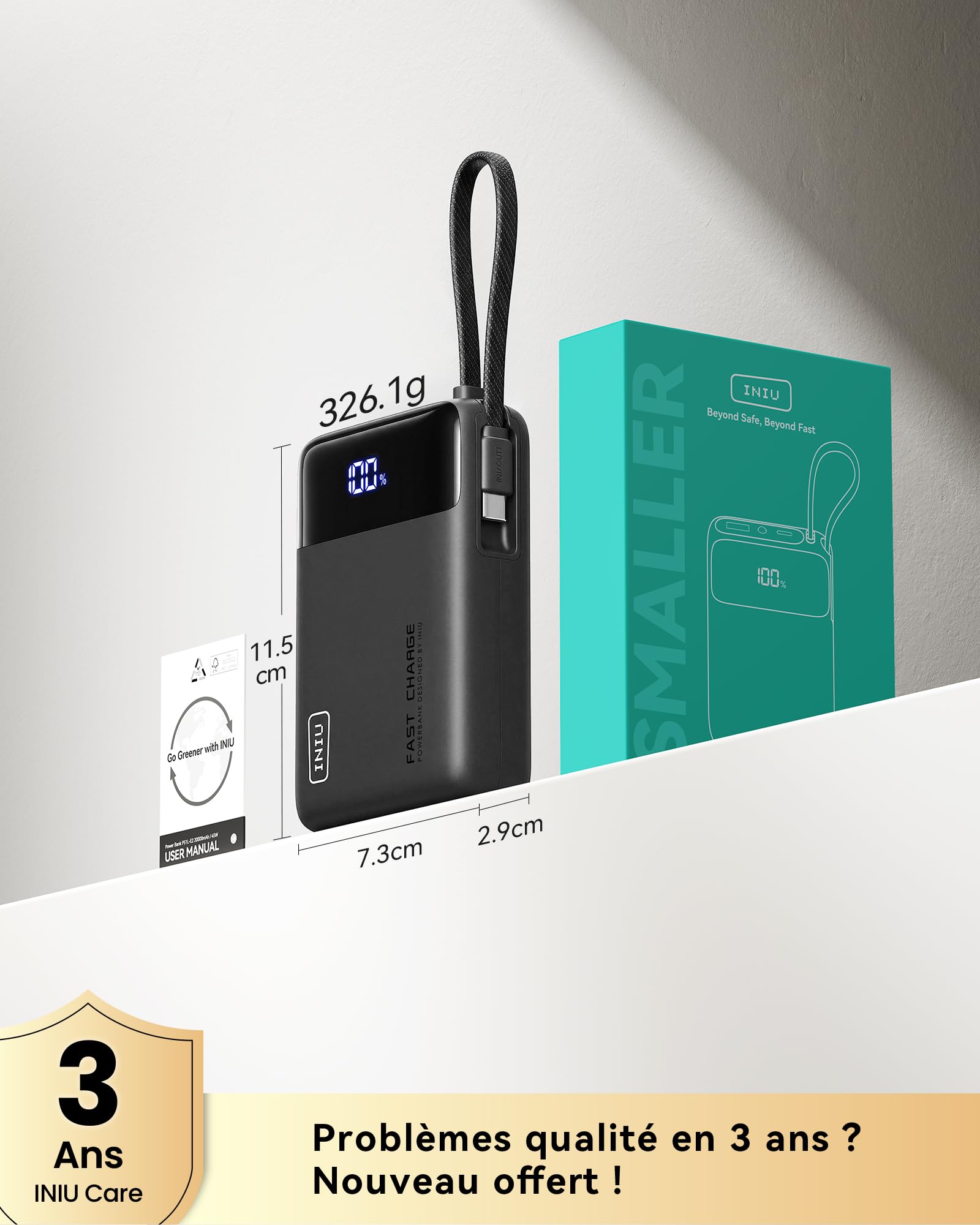 INIU Batterie Externe, Petit 45W Charge Rapide 20000mAh Power Bank avec USB C Câbles Intégrés, Autorisé en Avion, Essentiels de Voyage, Portable Batterie pour iPhone 17 16, Samsung, Xiaomi, iPad etc