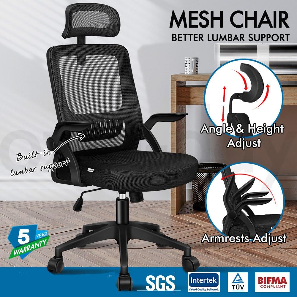 ZZH Office Chair with callouts for lumbar support, headrest, and armrest adjustments