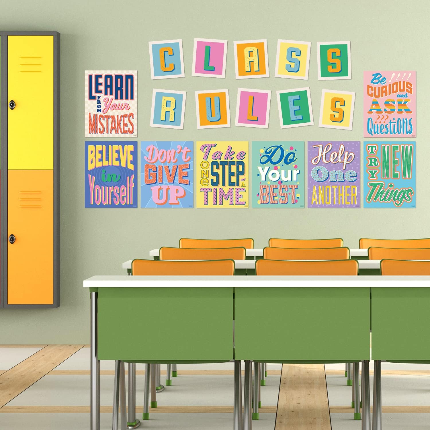 Set of 8 Motivational Classroom Posters & CLASS RULES Letters for