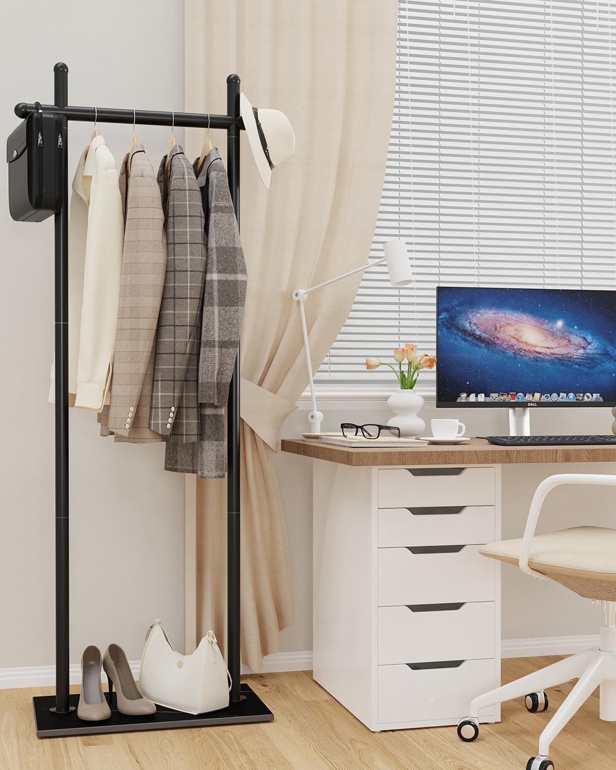 Coat Rack Freestanding with Natural Rock Base, Metal Coat Hanger Stand, Industrial Garment Rack, Clothes Tree for Bedroom Living Room Office To Hang Clothes, Hats, 68.9in, Black