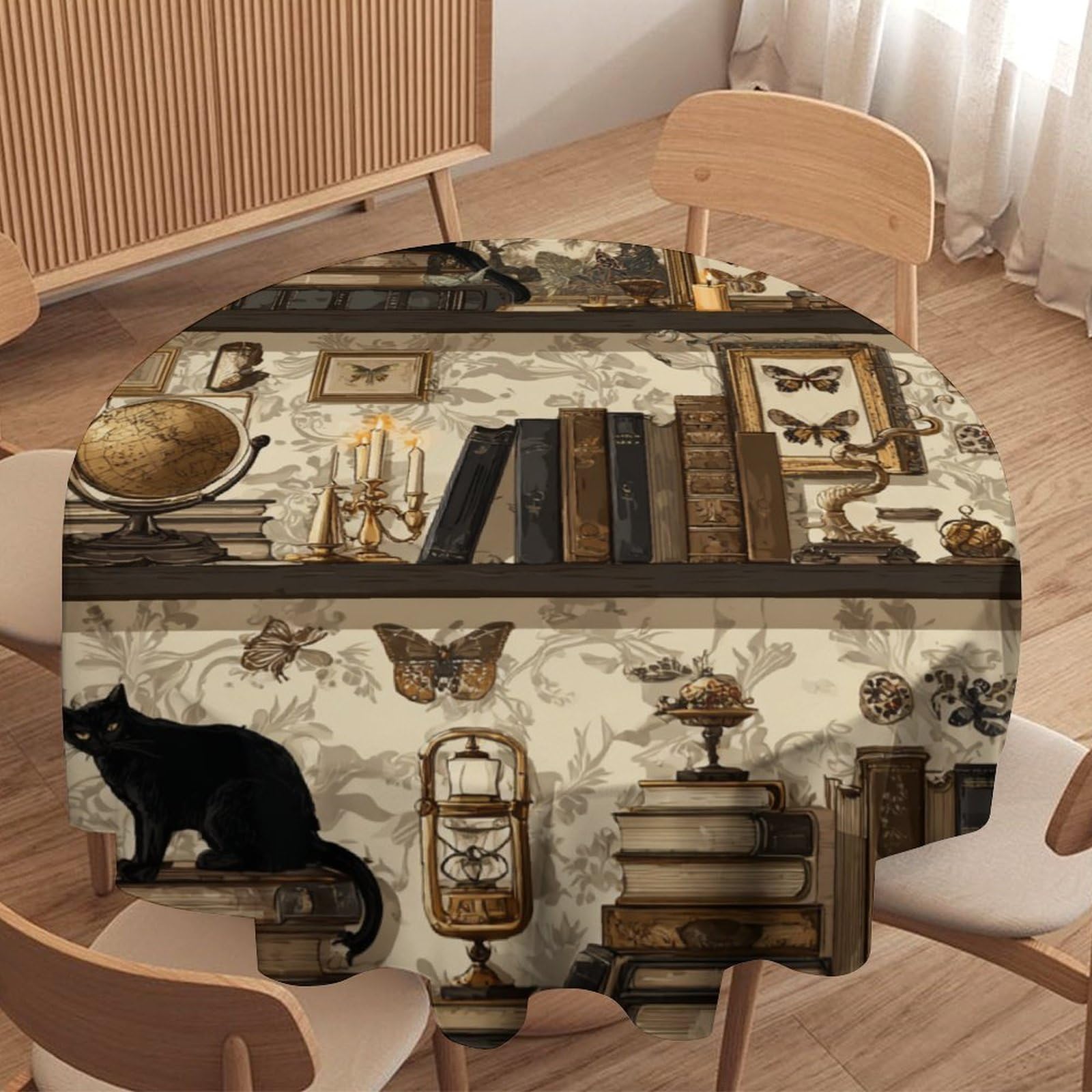Luyysky Rustic Vintage Antique Bookshelf Round Tablecloth Classic Watercolor Plant Animal Butterflies Black Cats Skull Washable Decor For Table Cover For Kitchen-91.4" Wx91.4 L Cm
