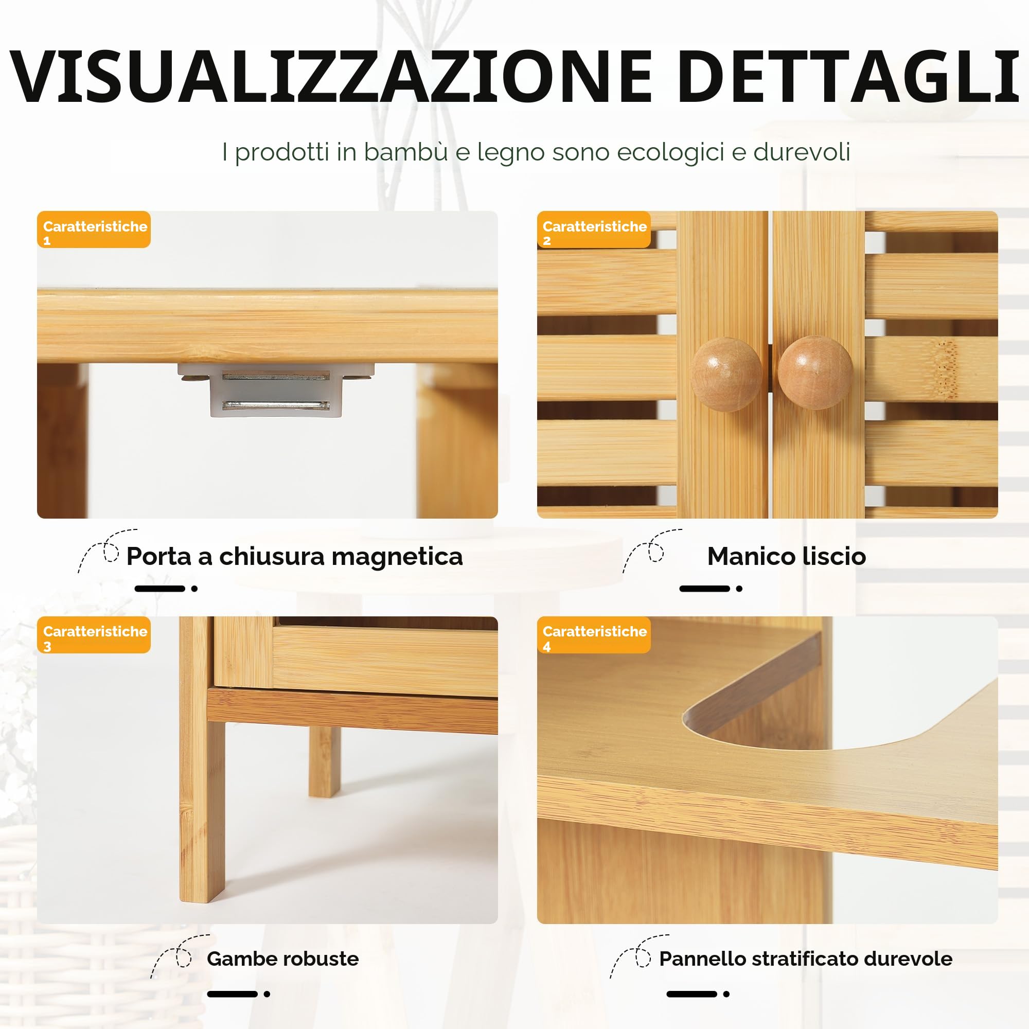 sogesfurniture Armadietto per lavabo, in bambù, con 2 ante lamellari, salvaspazio, 60 x 30 x 60 cm
