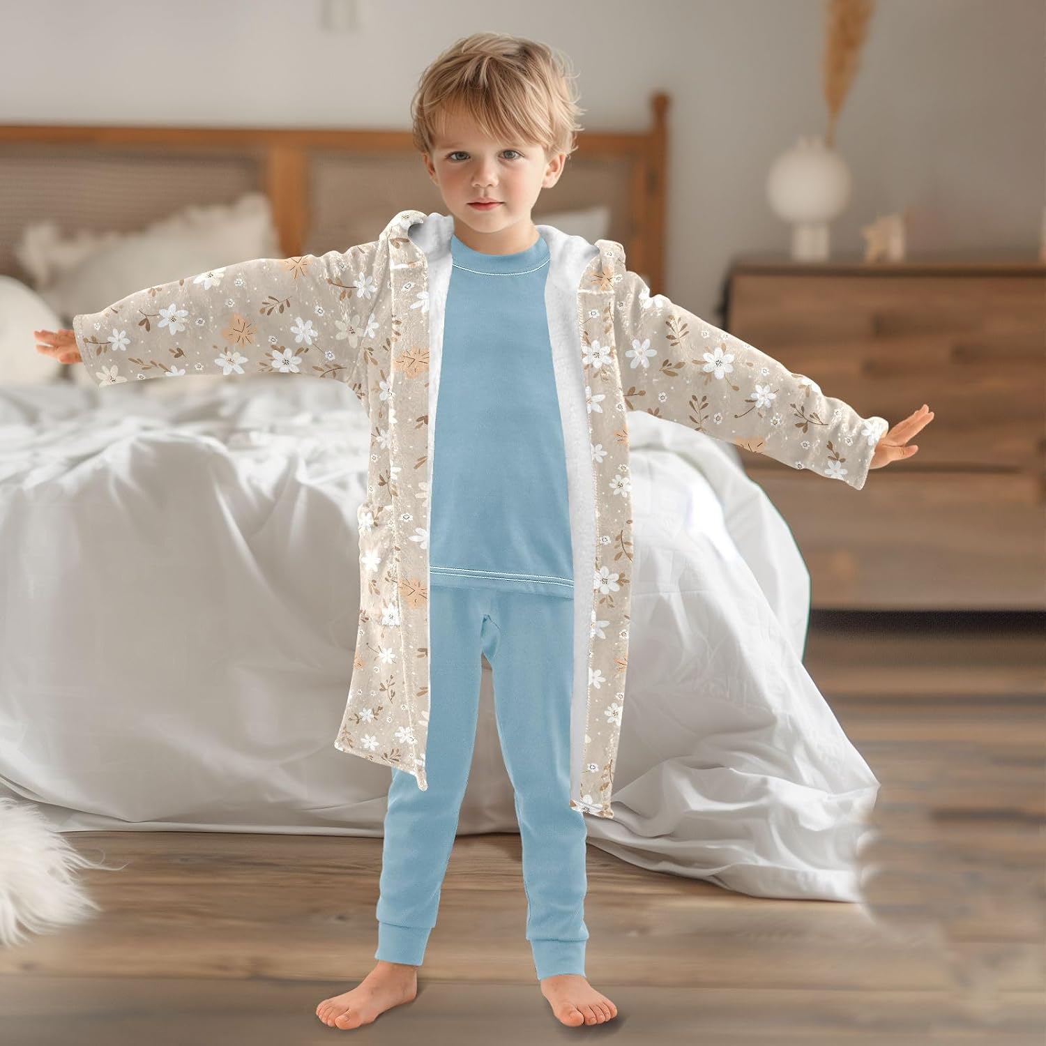 senya Retro Flower Toddler Hooded Bathrobe Kids Soft Plush Bath Towel Robes for Boys Girls 2-12 Years