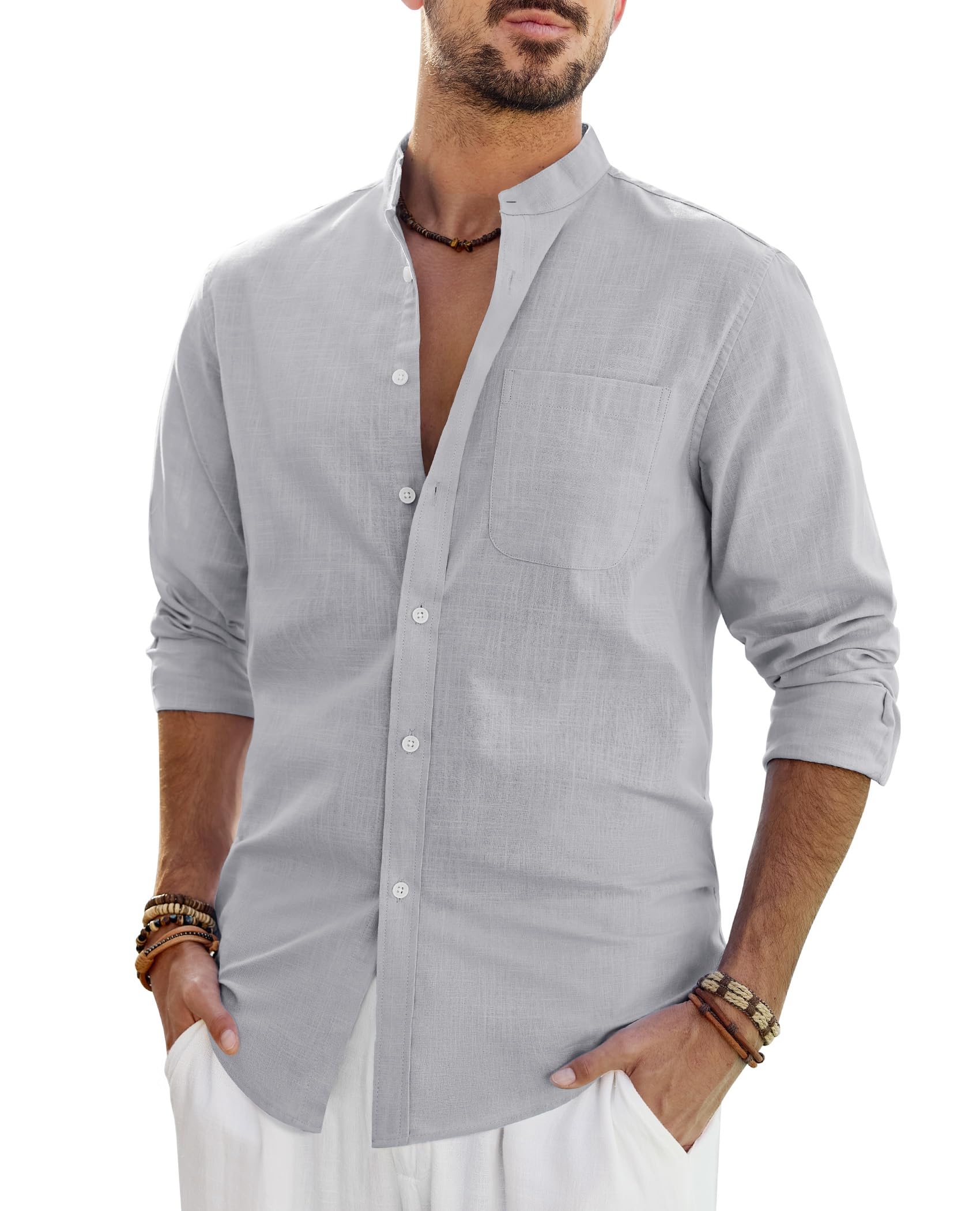 J.VER Leinenhemd Herren Hemd Langarm Stehkragen Leinenshirt Baumwolle Atmungsaktiv Regular Fit Freizeithemden Casual Sommer Strand Leinen Shirt mit Tasche