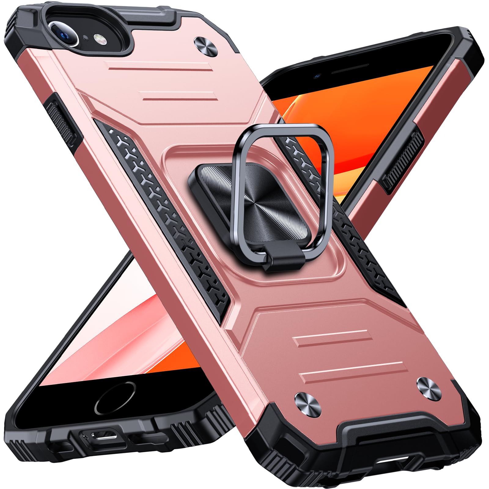 Anqrp Armor Handyhülle für iPhone SE 2020, iPhone SE 2022 Hülle mit Ring Halter Ständer, [Fallschutz in Militärqualität] Stoßfest Schutzhülle Kompatibel mit iPhone 8/7/6S/6 Case, Roségold
