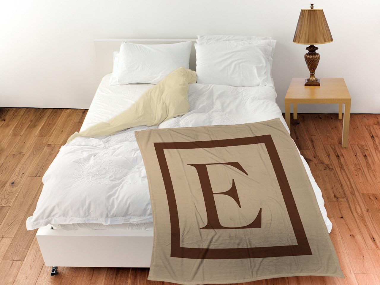 Manual Woodworkers & Weavers Coral Fleece Throw, 30 by 40-Inch, Monogrammed Letter E, Caramel Classic Block