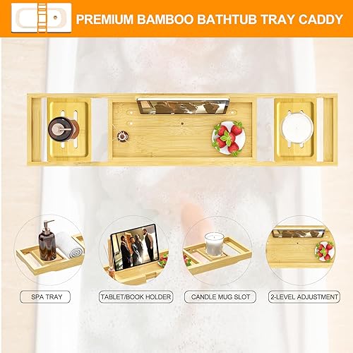 Miniatura 18 de Bandeja de bañera – Bandeja de baño expandible – Mesa de bañera para bañera, tamaño ajustable, se adapta a la mayoría de bañeras 2-Madera de bambú