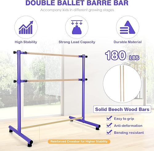 Miniatura 3 de Costzon Barra de ballet portátil, barra de madera doble ajustable de 4 pies de altura, barra de baile independiente para estudio en casa, escuela,
