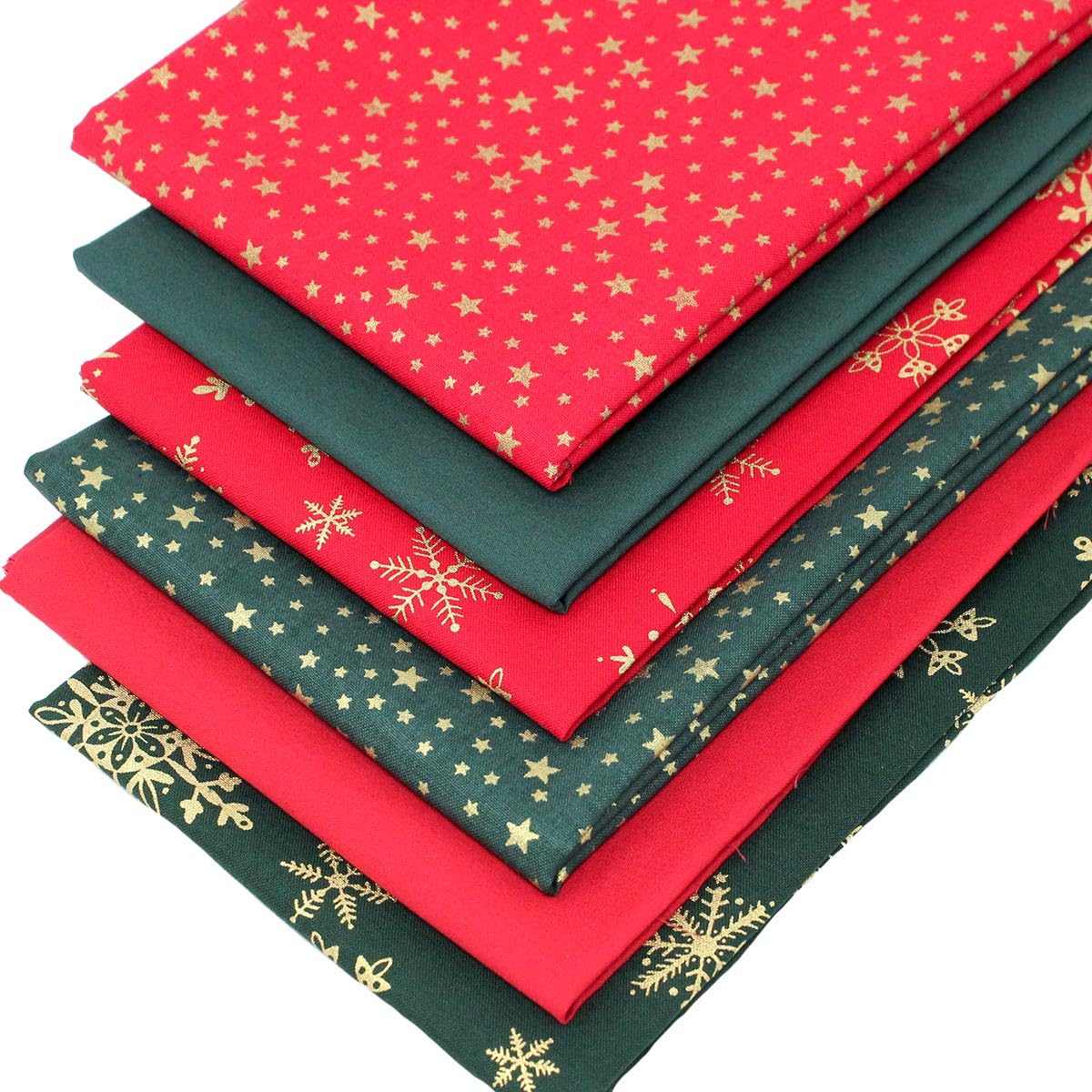 6 Fat Quarters Bundle - 'Festive Stars and Snowflakes' Christmas Fabrics in Red & Green With Stars & Snowflakes Ideal For Quilting & Patchwork. 100% Cotton (free patchwork pattern by Overdale Fabrics)