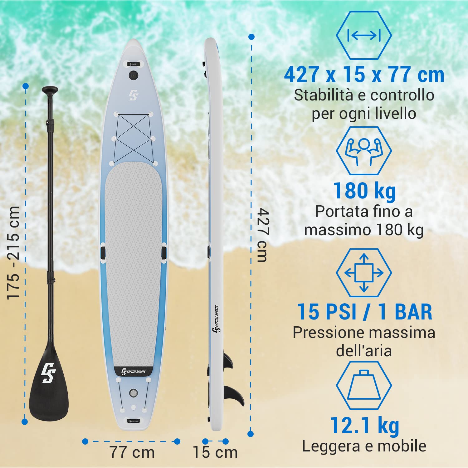 CAPITAL SPORTS SUP, Tavola SUP Gonfiabile per Adulti e Bambini, Versatile Stand Up Paddle con Pagaia SUP, Borsa da Trasporto, Pompa SUP e Accessori da Paddle Board e Kayak