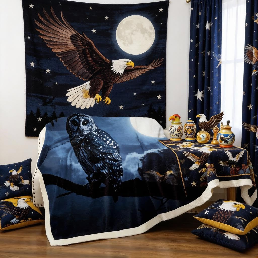 Loussiesd Owl Print Sherpa Blanket Moos Pattern Fleece Blanket for Chair Sofa Couch 3D Wild Animal Stain Resistant Tree Branches Room Decor King 87"*94" — image 1