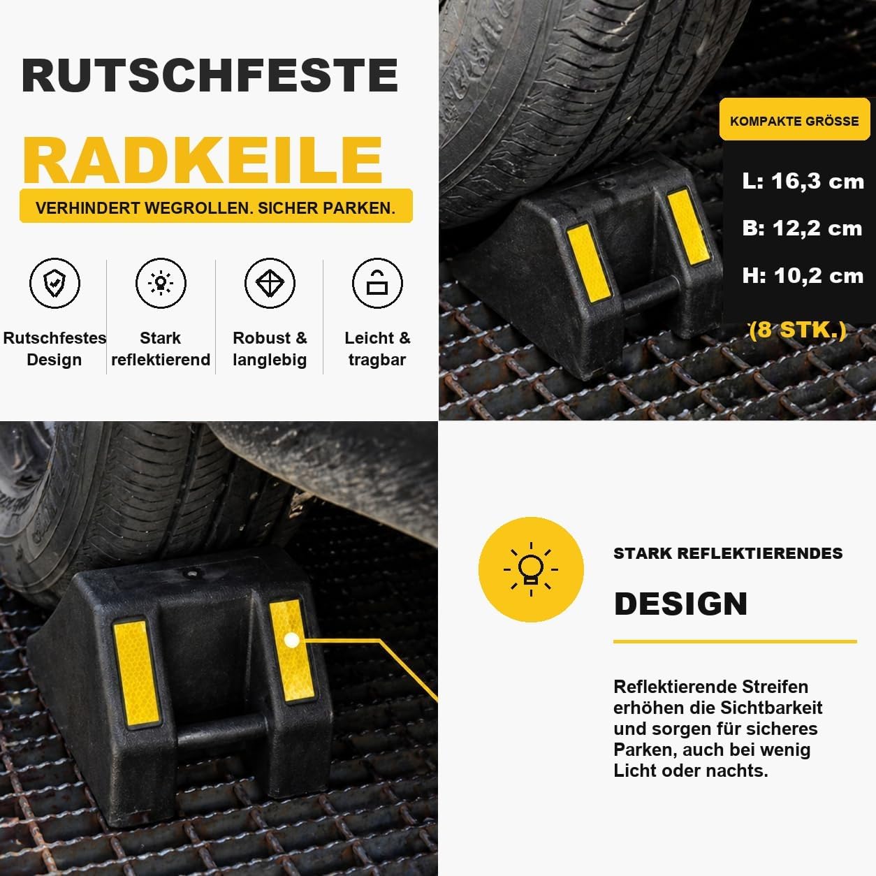 8 cuñas de goma para ruedas de alta resistencia, para caravanas, autocaravanas, camiones y coches. Dimensiones: 16,2 x 12,2 x 10,2 cm