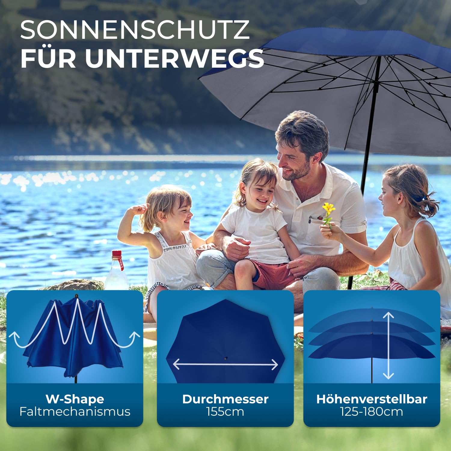 STYNGARD Niza - Sombrilla de viaje con protección UV 50+ [155 cm - Sombrilla de playa con cuerdas tensoras