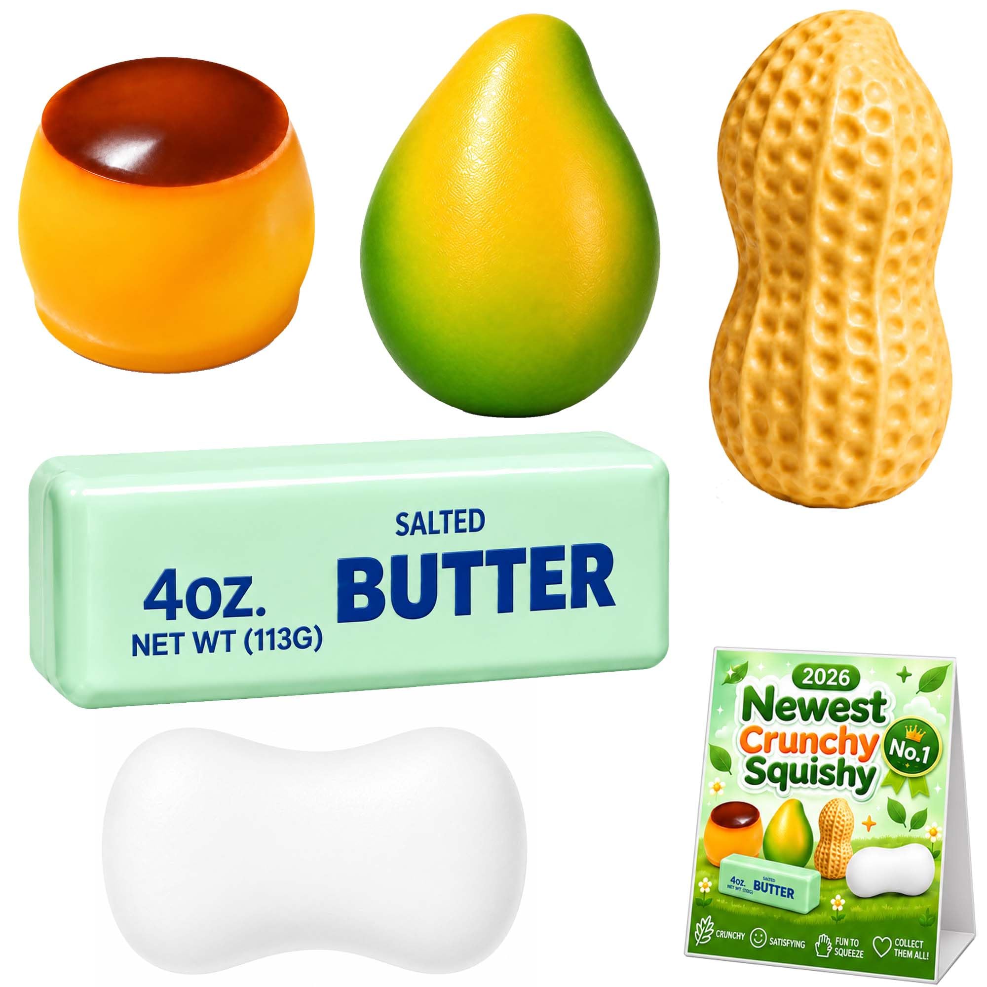 5Pcs Crunchy Butter, Peanut, Soap, Mango, Pudding Squishy for Kids & Adults