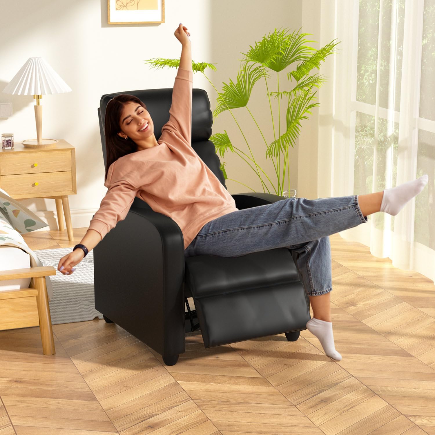 M***age Recliner Chair, Single Sofa Chair with Remote Control, Chair Recliner, Lazy Recliner Chair, Living Room Recliners with Pu Leather Padded Seat Backrest, Recliner Chairs for Adults, Black 1 71a+BVl3h9L. AC SL1500