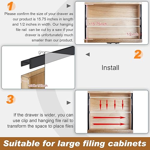 Miniatura 6 de Juego de 14 rieles de archivador de 12 cajones, rieles de archivo, clips de riel de archivo colgantes, clips de almacenamiento de PVC, clips de