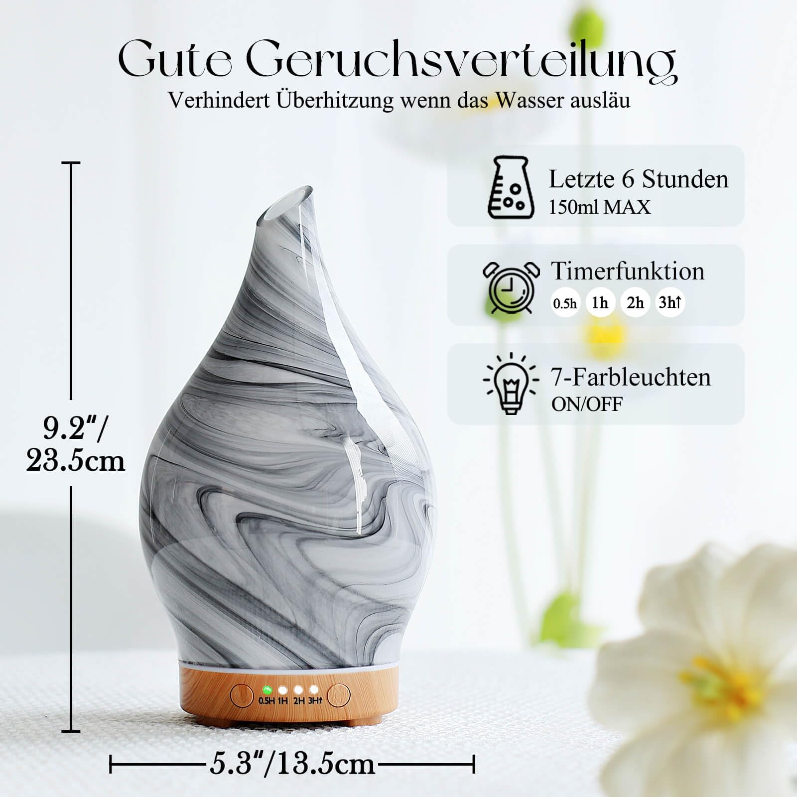 Porseme 150ml Diffuseur d'arômes en Verre soufflé à la Main, humidificateur ultrasonique Silencieux à 7 Couleurs changeantes, humidificateur d'ambiance sans BPA pour la Maison avec minuterie(Ink)