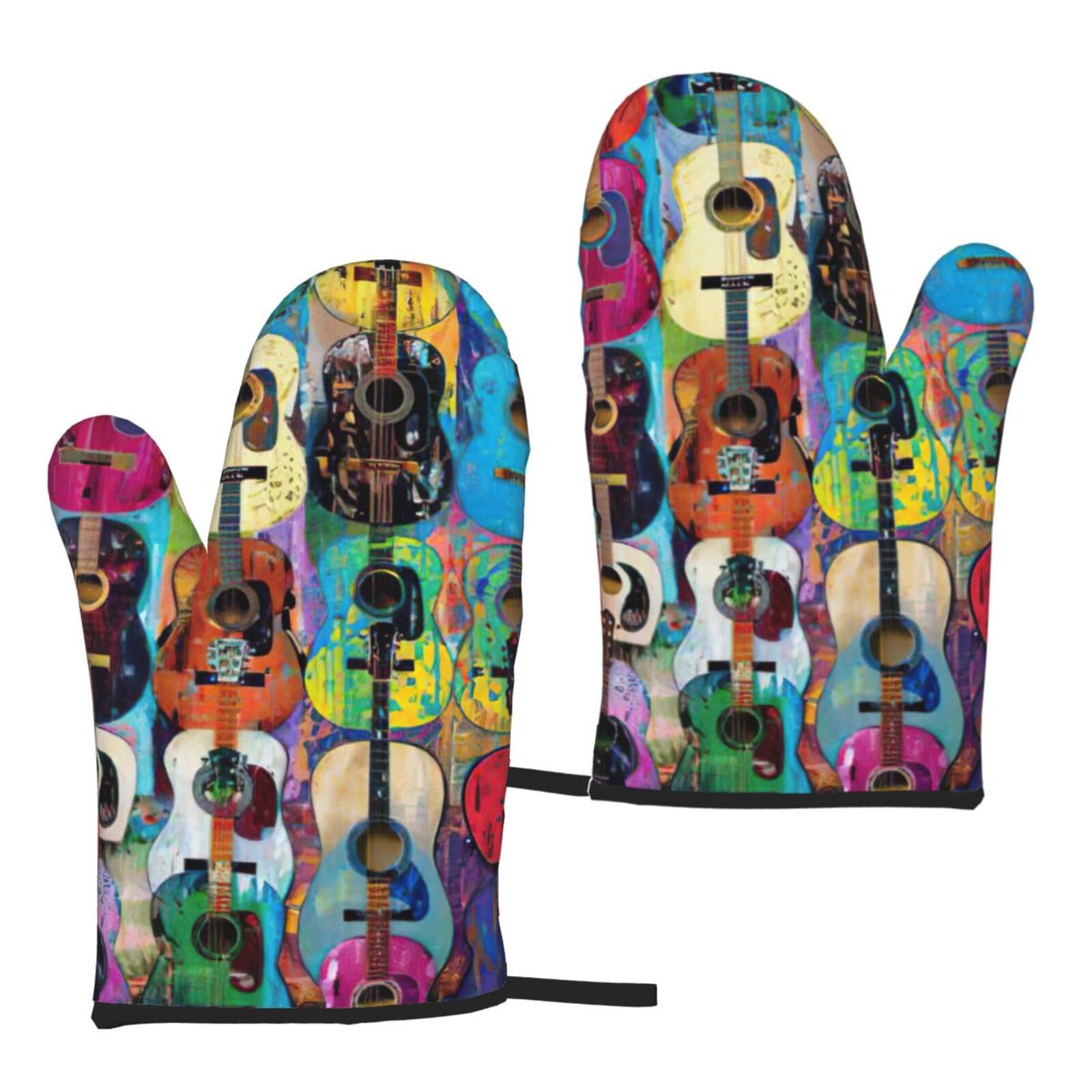 Color Acoustic And Guitars Print Women Men Universal Fit Heat Resistant Oven Gloves Cooking Grilling Indoor Outdoor