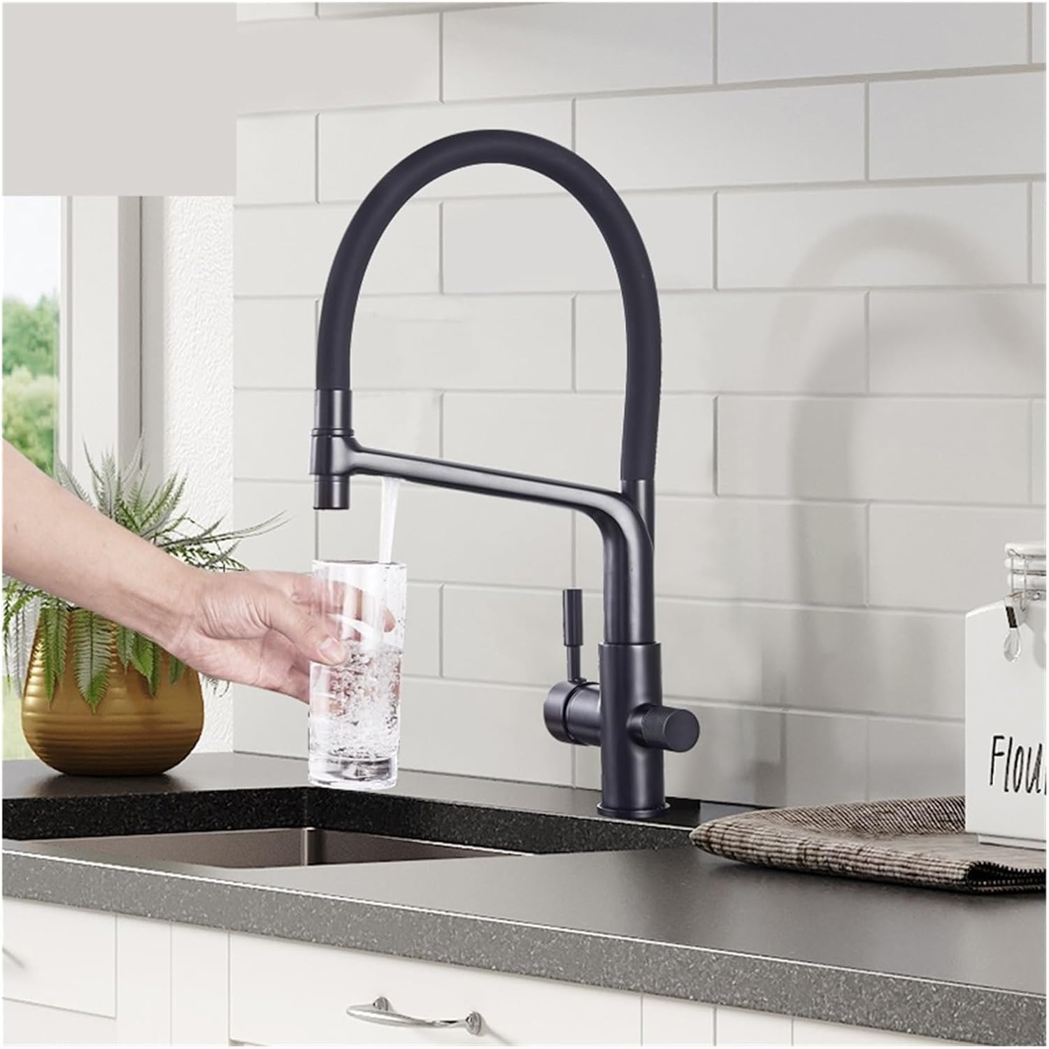 Matte Black Kitchen Sink Faucet Tap Pure Water Filter Mixer Crane Dual Handles Purification Kitchen Hot and Cold Water Tap(Brushed Gold B)