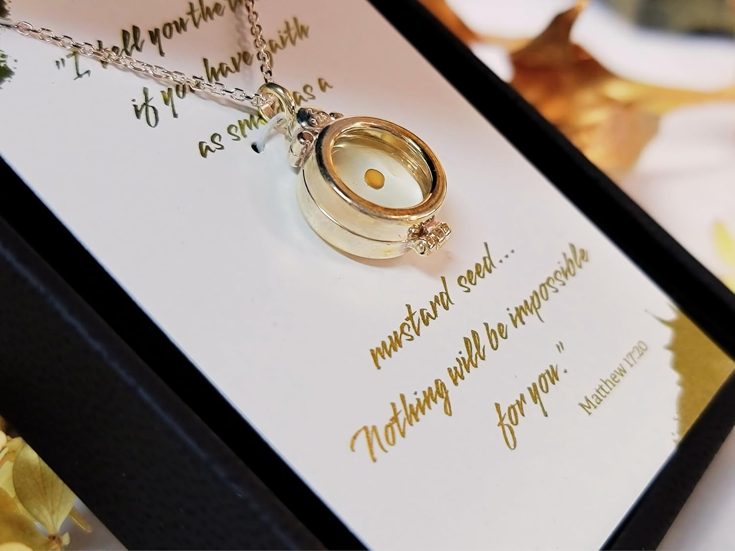 Mustard seed necklace, sterling silver and resin locket, boxed with scripture card - Image 5