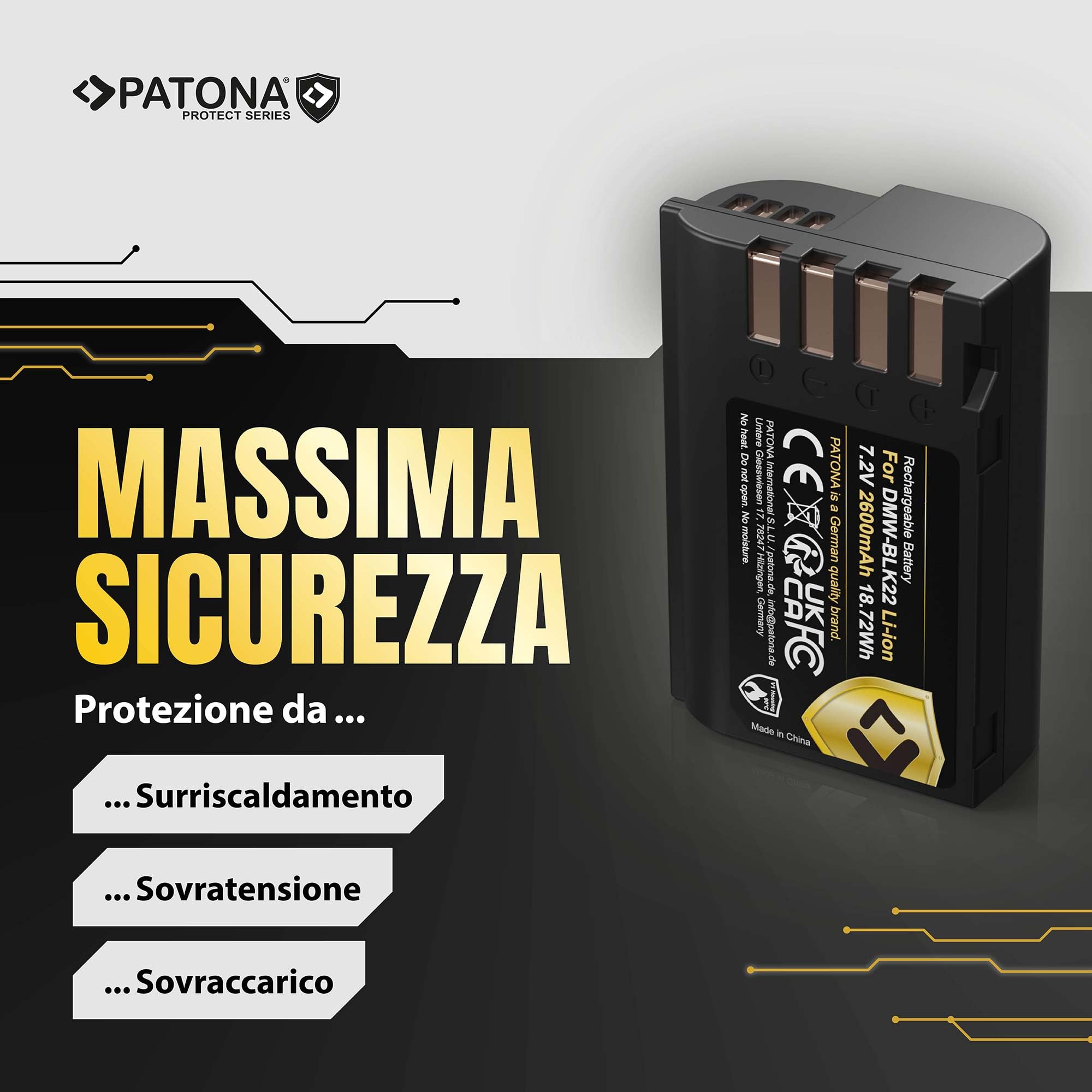 PATONA 2X Protect Batteria per Panasonic DMW-BLK22 2600mAh