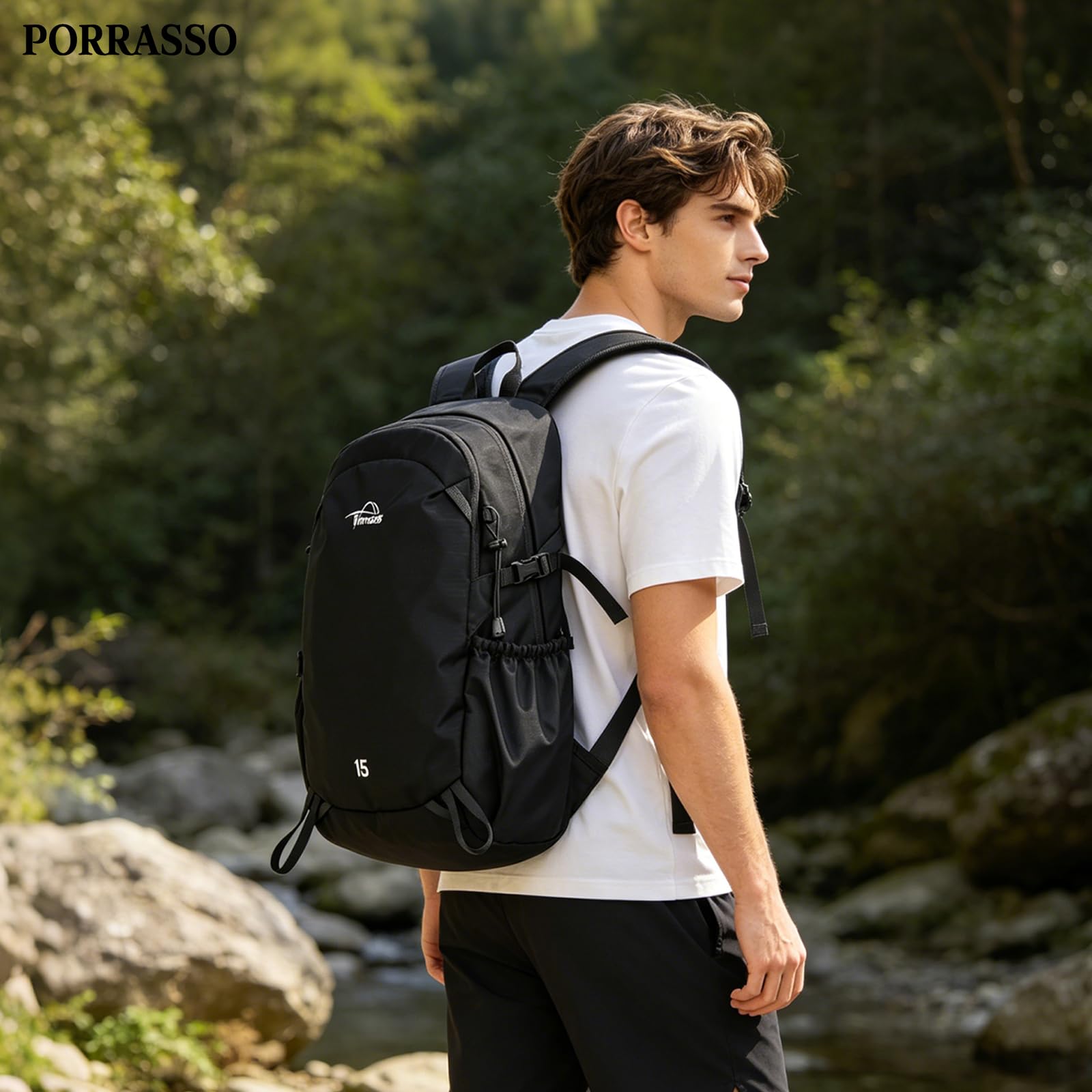 15L Zaino da Escursionismo Leggero Zaino Outdoor Traspirante in Nylon Multitasche Zaini per Campeggio Viaggi Uso Quotidiano Nero