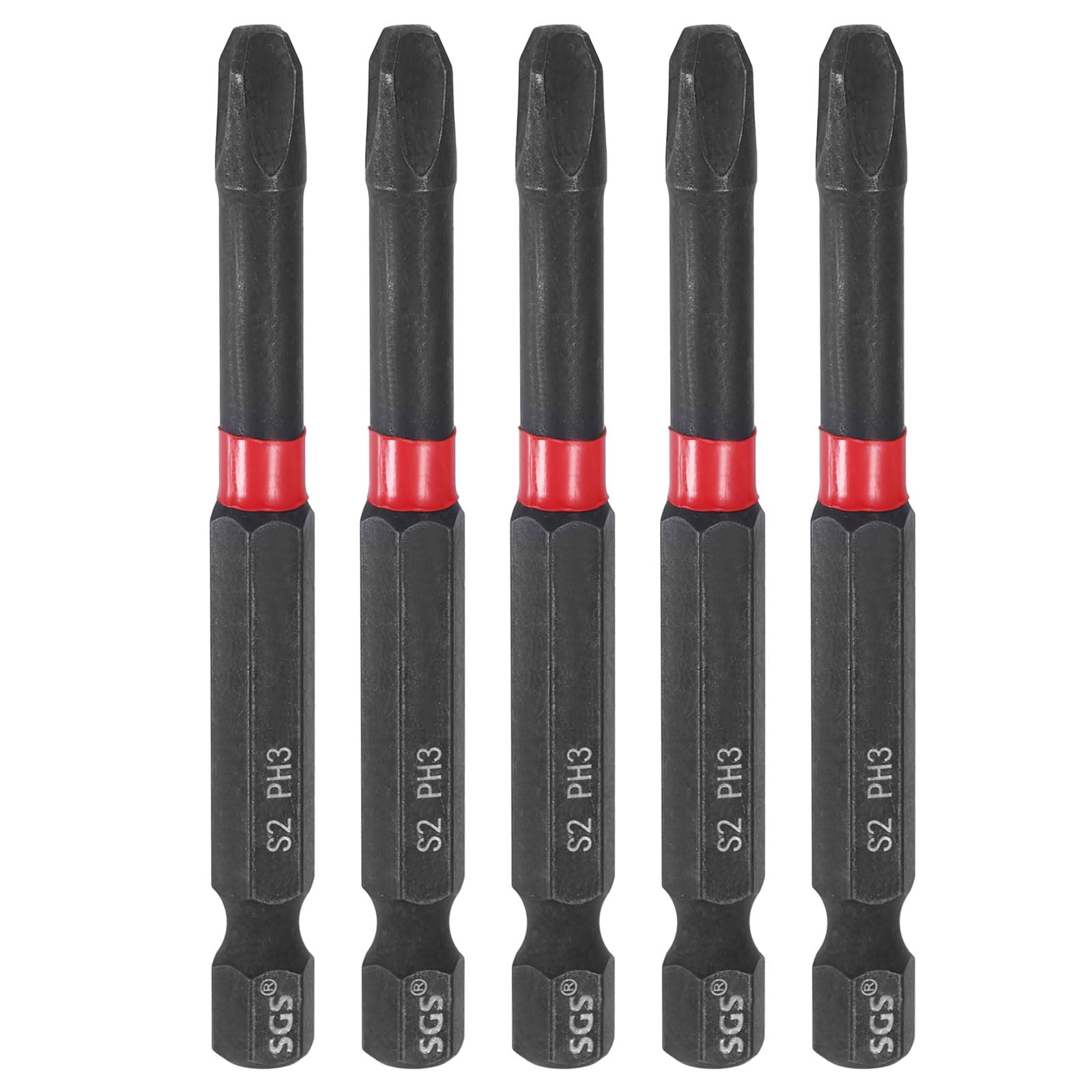 sourcing map 5pcs #3 Phillips Impact Screwdriver Bit PH3 1/4" Hex Shank 2.8" (70mm) Long Magnetic Cross Head Drill Bits S2 Steel Industrial Screw Driver for Impact Power Drivers, Black/Red