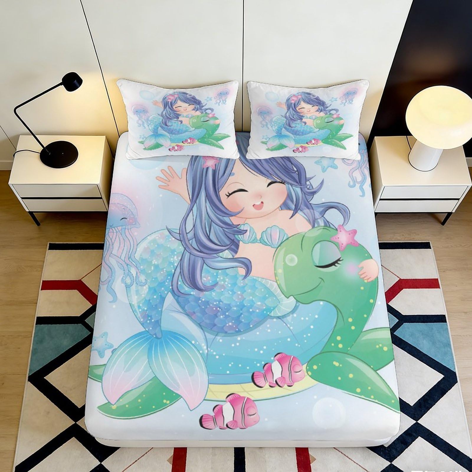 3D Printed Mermaid Fitted Sheet Microfiber Deep Pocket Non-Slip Bedroom Bedding Mermaid Mattress Fitted Cover Washable Adult Teen 120x200x25cm