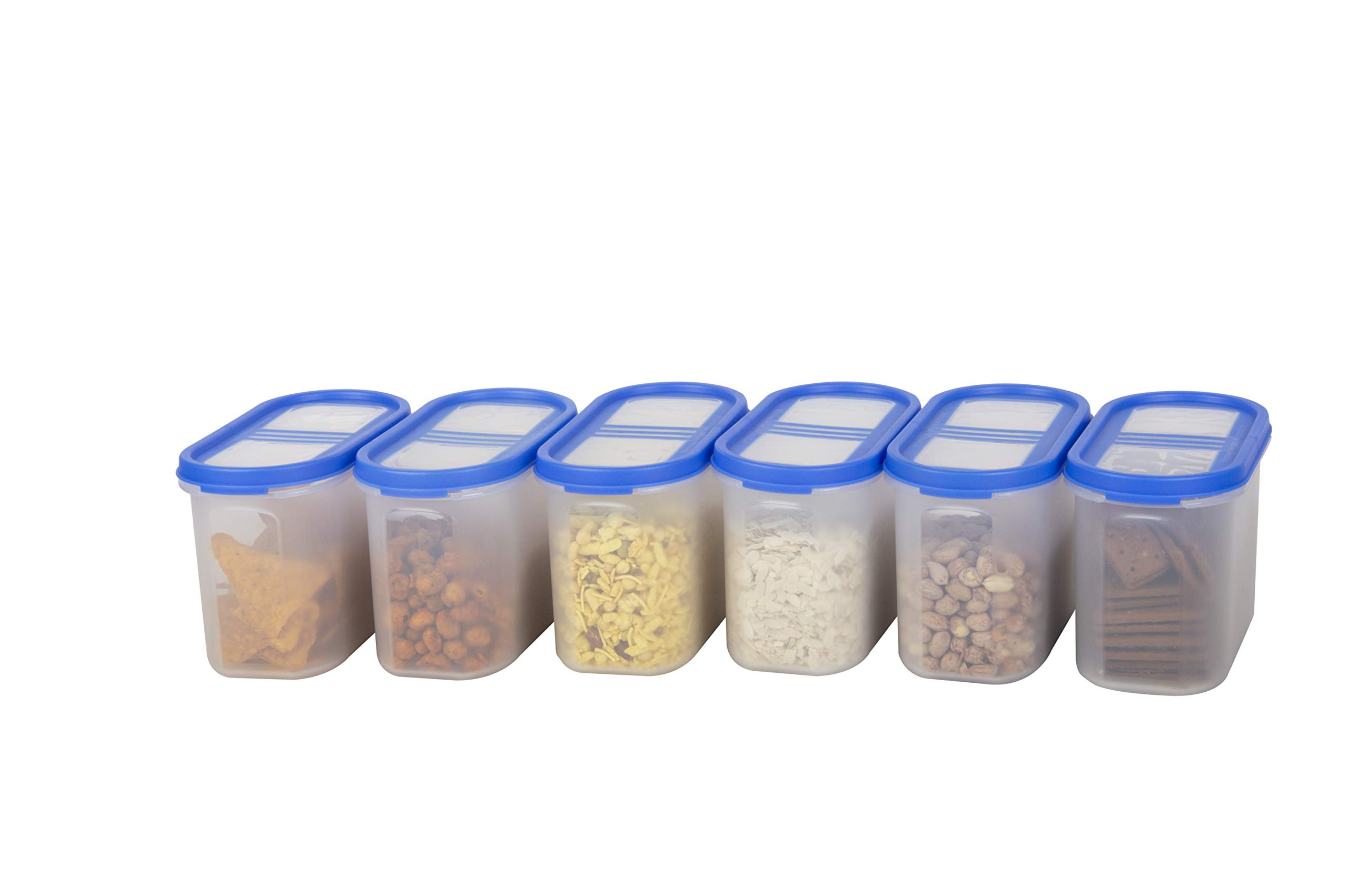 Cutting EDGE 360 View Clear-Top 3 Line Modular Containers Oval Set for Rice, Dal,Atta, Flour, Cereals, Pulses, Snacks, Stackable (1200 ML) Set of 6 - Blue Lids