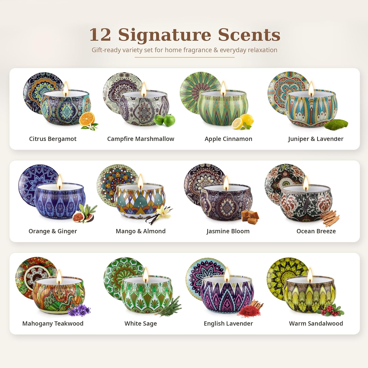 Scented Candles Gift Set, 12 Pack Soy Wax Candles for Home, 12 Scents, Aromatherapy Travel Tins with Gift Box for Women, Birthday, Housewarming, Relaxation