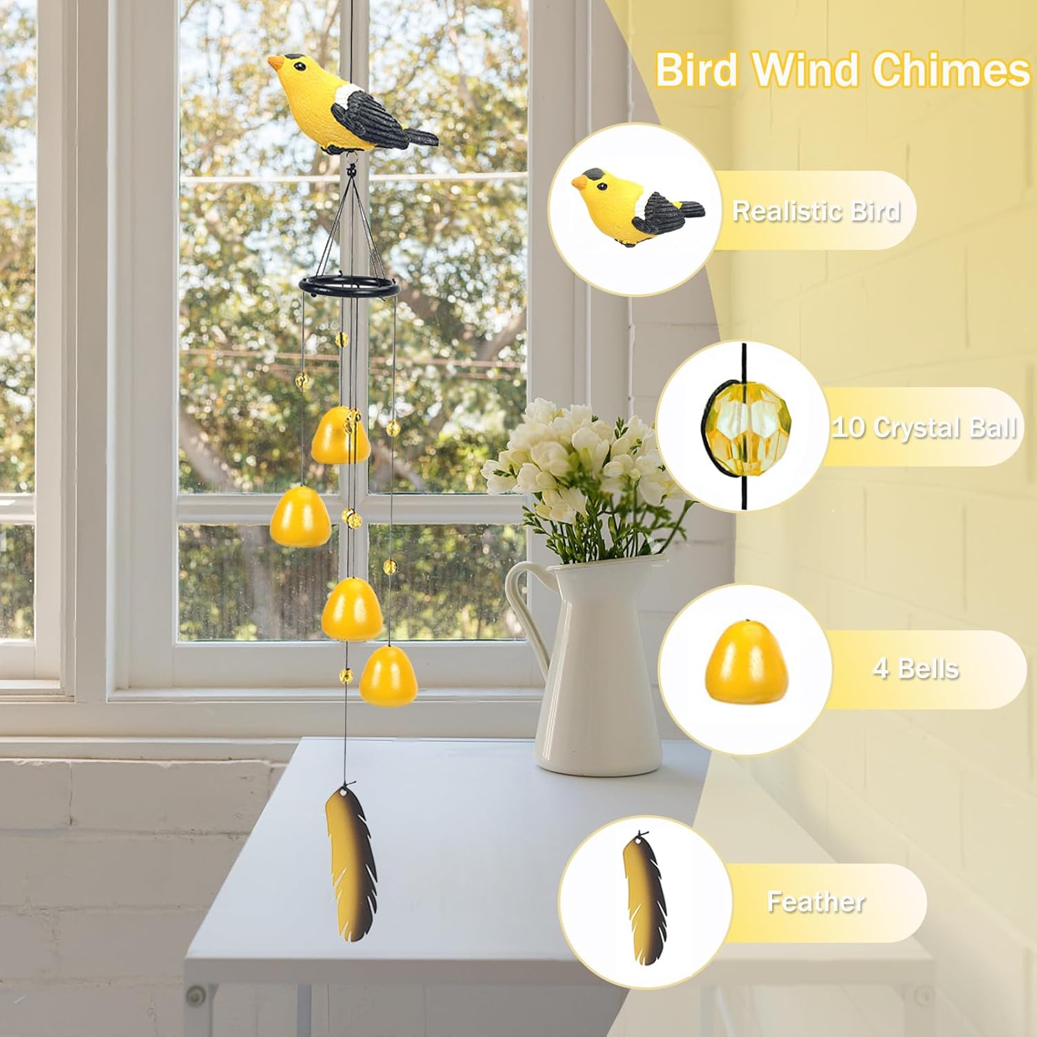 Wind Chimes for Outdoor, Yellow Bird Wind Chimes Indoor Resin Decorative Metal Hanging Bells Wind Chime, Wind Chimes for Outside Garden Hanging Decor, Gifts for Woman Mom Wife (Yellow)
