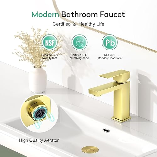 Miniatura 2 de Faustina Grifo de baño de oro cepillado, grifo de baño de un solo mango con drenaje desplegable, grifo de tocador de baño de 1 agujero, grifo de