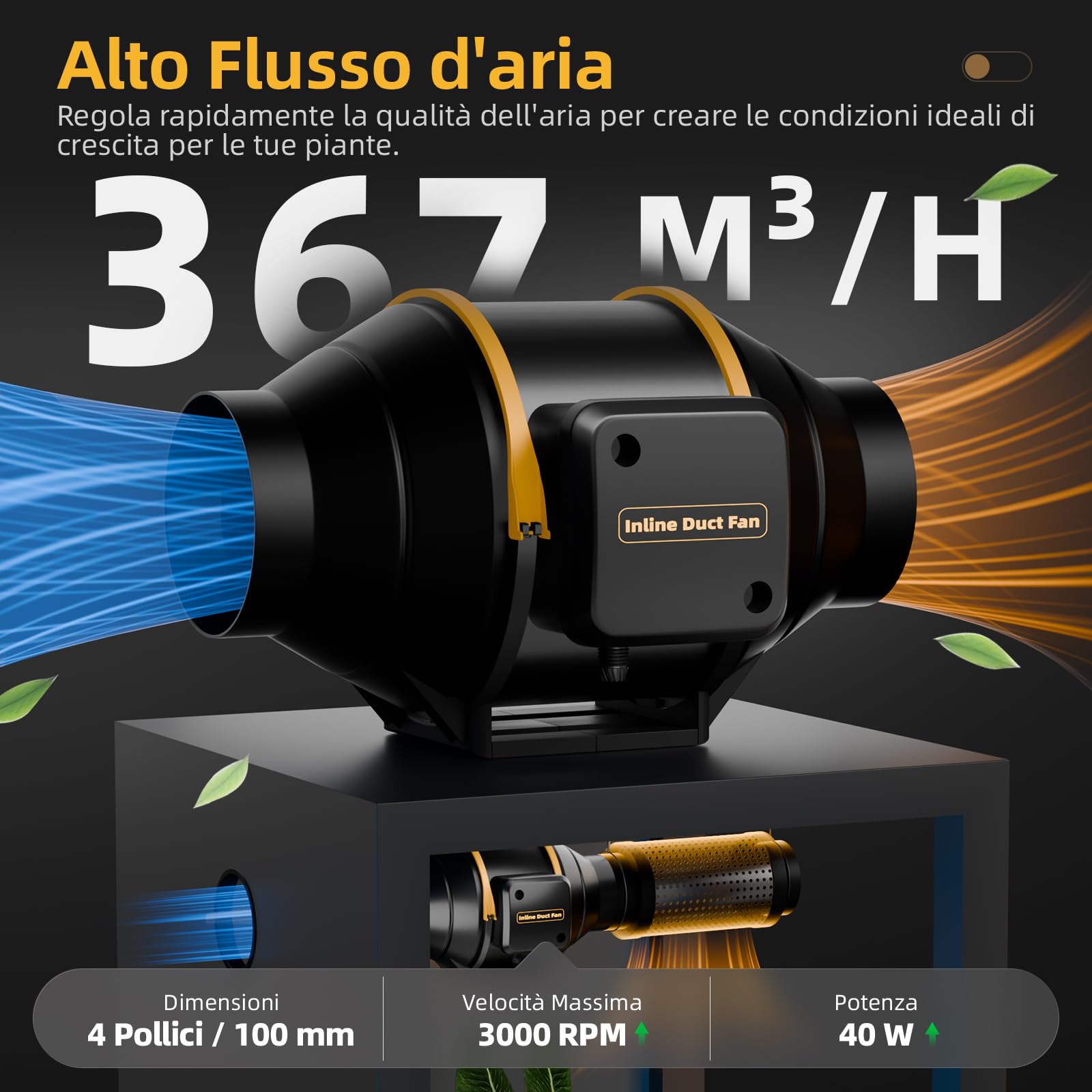 Ventilatore a tubo 100 mm, silenzioso, motore a doppia sfera puro con telecomando per controllo della temperatura e dell'umidità, per tenda da Grow Hydroponics 4E219-A