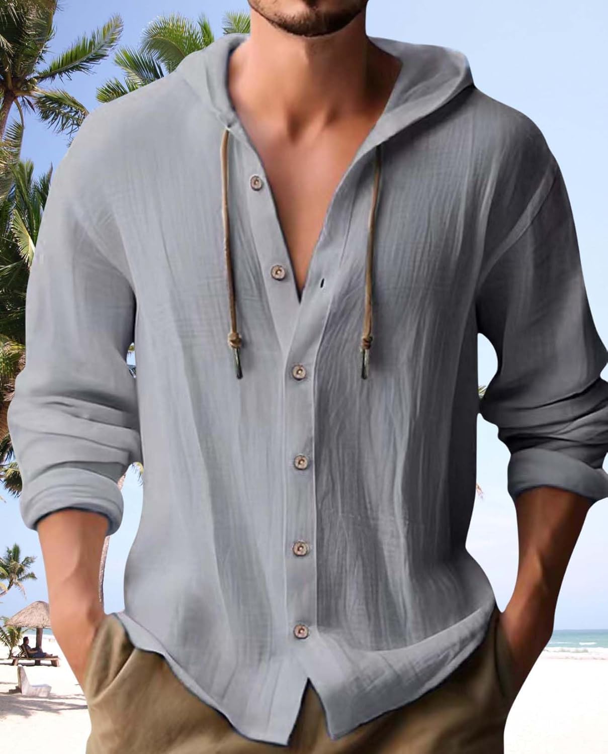 Linen Hoodie Shirt for Men Long Sleeve Button Down Loose Lightweight Beach Vacation Shirts Top - Image 4