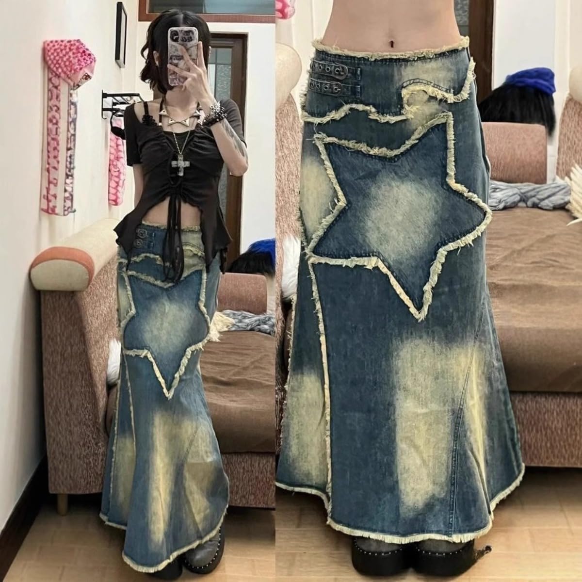 EyeWink Women's Y2K Vintage Star Patchwork Fishtail Denim Maxi Skirt High Waisted Frayed Raw Hem Maxi Long Jean Skirt