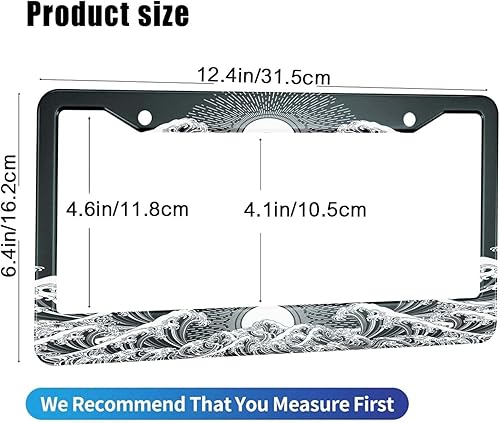 Miniatura 2 de HOSNYE Marco de matrícula Japan Wave negro, 2 unidades, diseño oriental del sol, de metal, lindo marco de placas de matrícula, marco de matrícula de