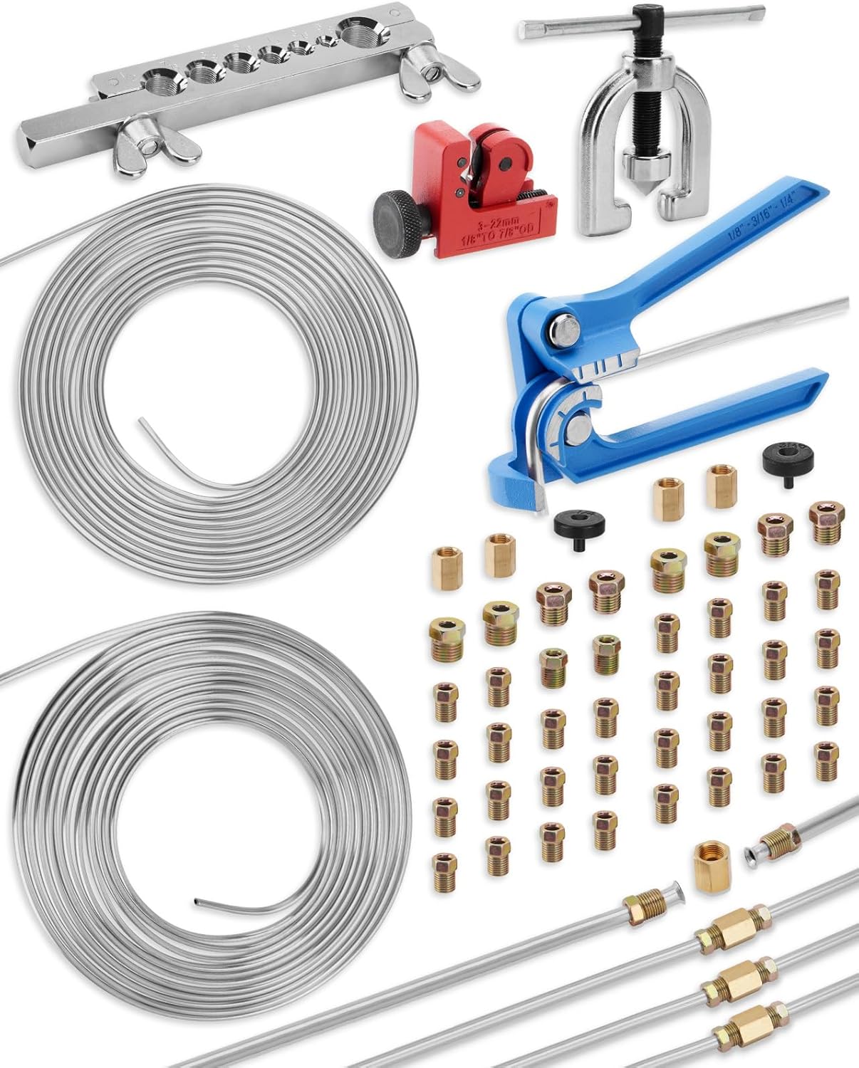 25 ft 3/16in &1/4in Zinc-Plated Brake Line Flaring Tool Kit, Includes 3-in-1 Tube Bender, Double & Single Flaring Tool Set, 1 Tube Cutter, 4 Threads Unions, 40 Fittings