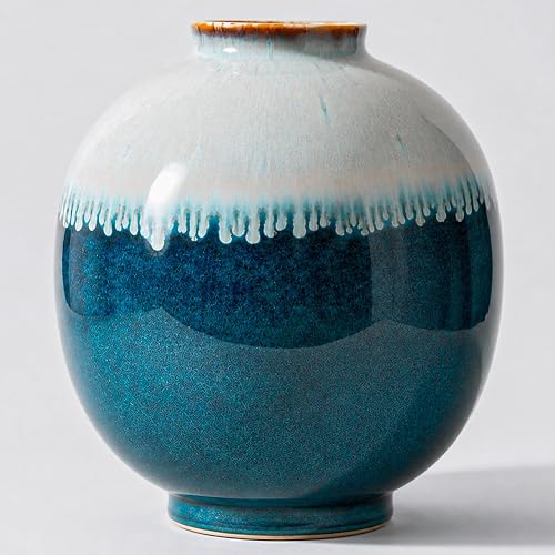 Blue Ceramic Floor Vase, 12.5 Inch, Large | Round, Decorative, Kitchen Living Room Bathroom Corner Foyer Entryway for Home Decor Neutral