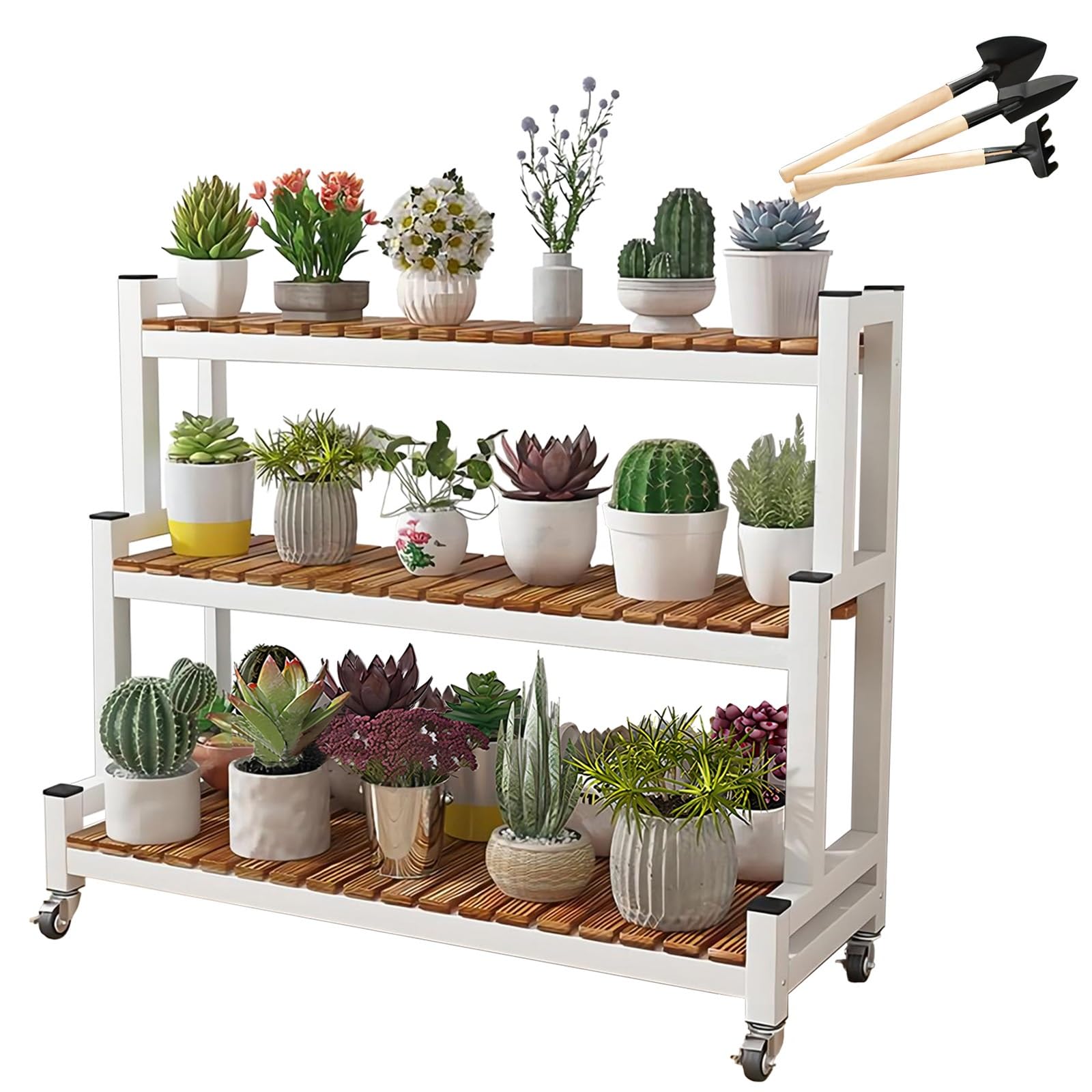 HPTHLY Metal Flower Stand With Wheels For Indoor And Outdoor Plant Shelving 3 Tier Flower Display Stand For Space Saving (White 3 Tier 120Cm)