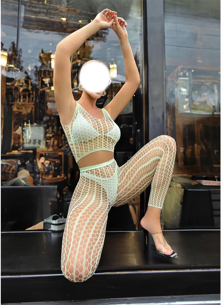 Glow In The Dark Lingerie Green Mesh Fishnet Bodysuit Bikini Cover Ups Neon Club Glow Party Outfit Top Panty - Image 6