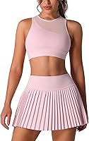 OMEWEE Women's Two Piece Tennis Skirt Set: Single Shoulder Tulle Mesh Top & High Waist Pleated Skirt with Shorts
