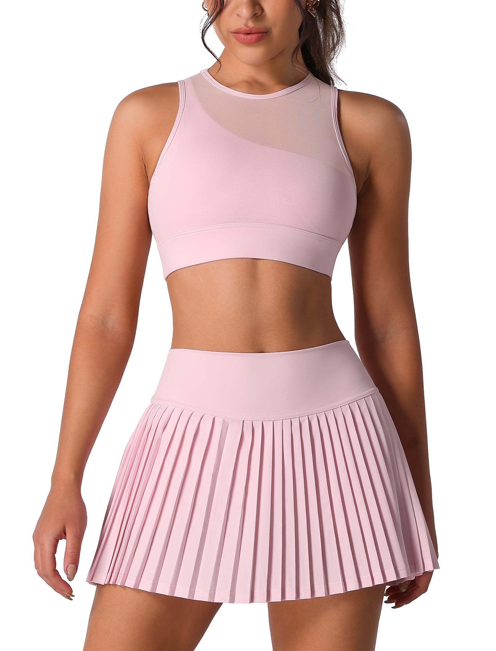 OMEWEE Ensemble de jupe de tennis deux pièces avec bretelles simples, haut en tulle et jupe plissée taille haute