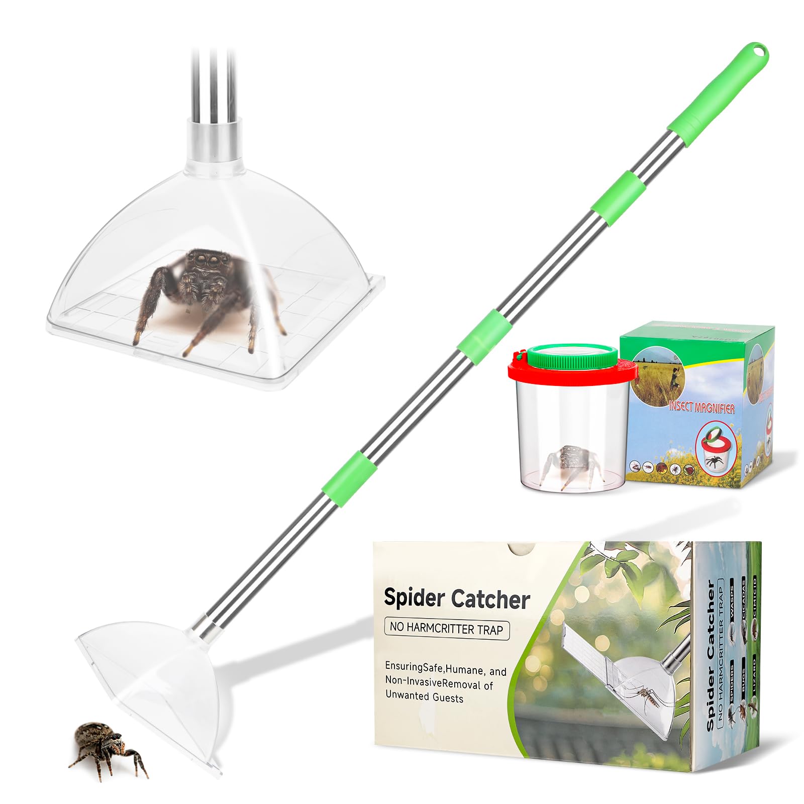32'' Long Handle Spider Insect Catcher with Magnifying Insect Bug Box- Efficient spider catcher, bug catching tool, Removable to Release Spiders and Insects