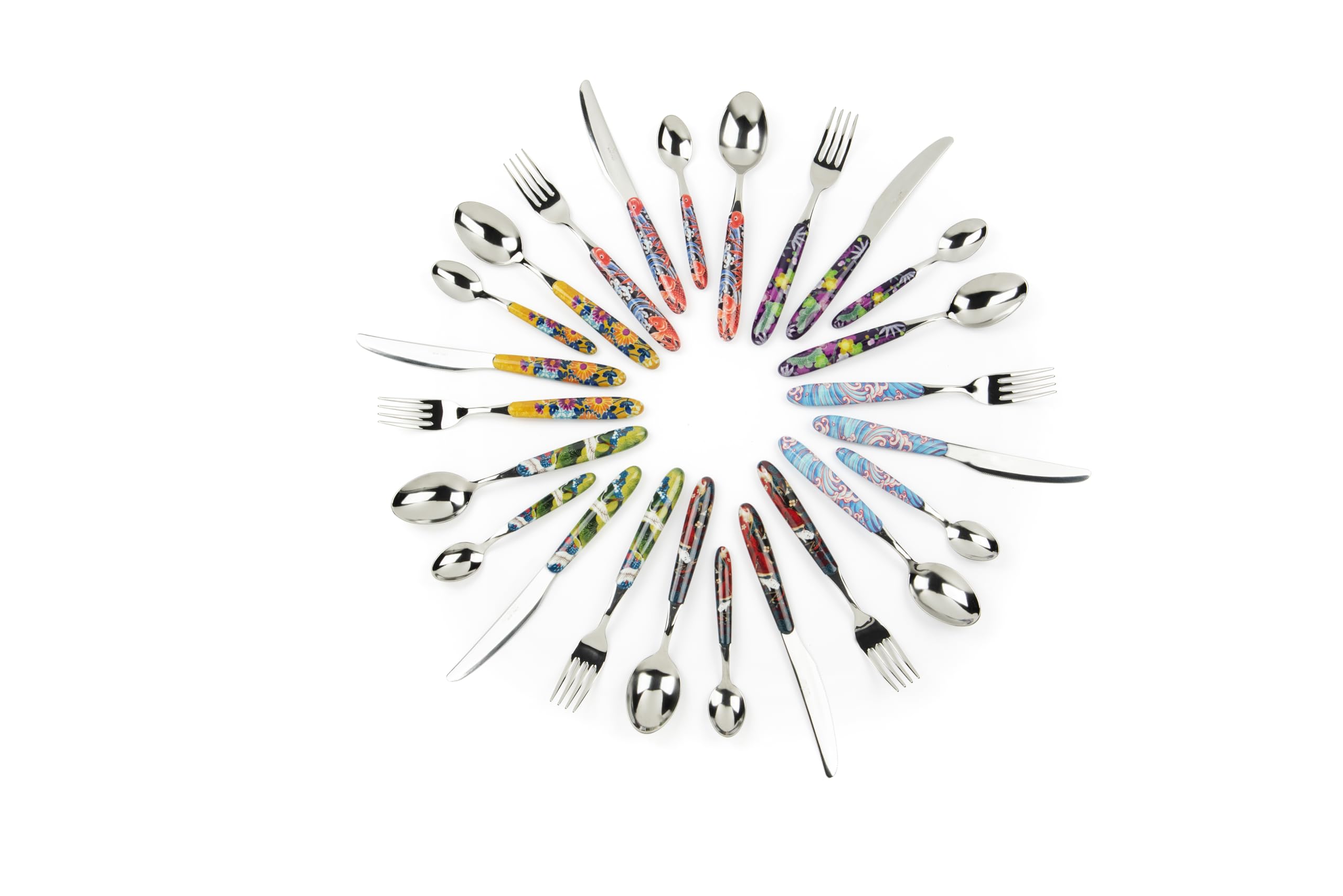 Excelsa Kimono Lot de 24 couverts multi-décor, en acier inoxydable, manche en plastique