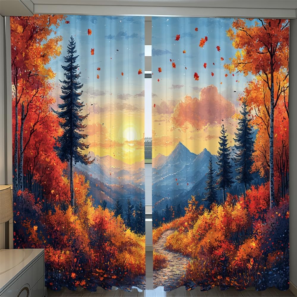 Vintage Forest Scenery Light Blocking Drapes, Sunset Mountain Meadow 3D Print Blackout Curtains Set of 2 Panels, Thermal Insulated Energy Saving Noise Reducing Darkening Curtain(104" W x 63 "L)