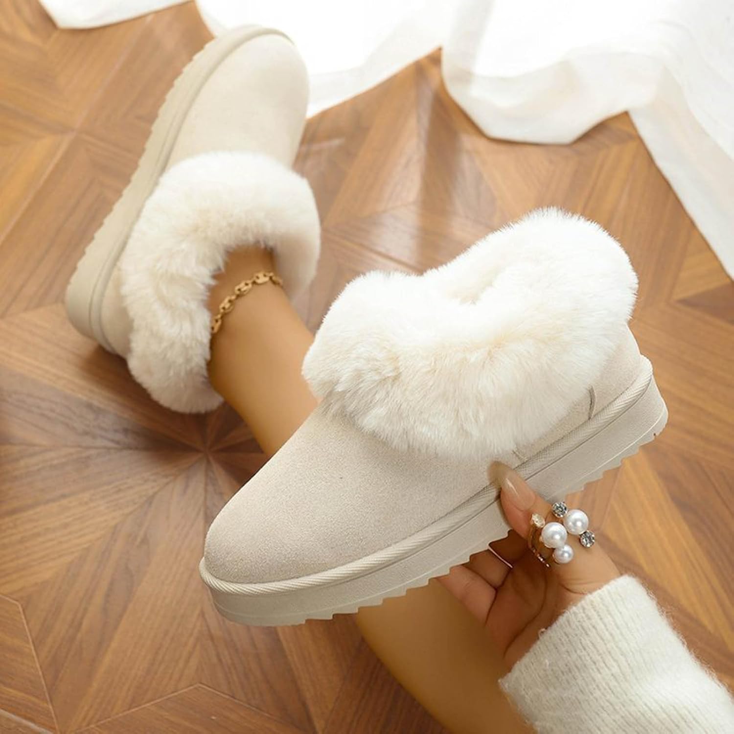 Cute Snow Boots for Women:Winter Warm Fleece Ankle Booties Plush Trim Slip On Footwear Lightweight Hiking Indoor Outdoor Shoes