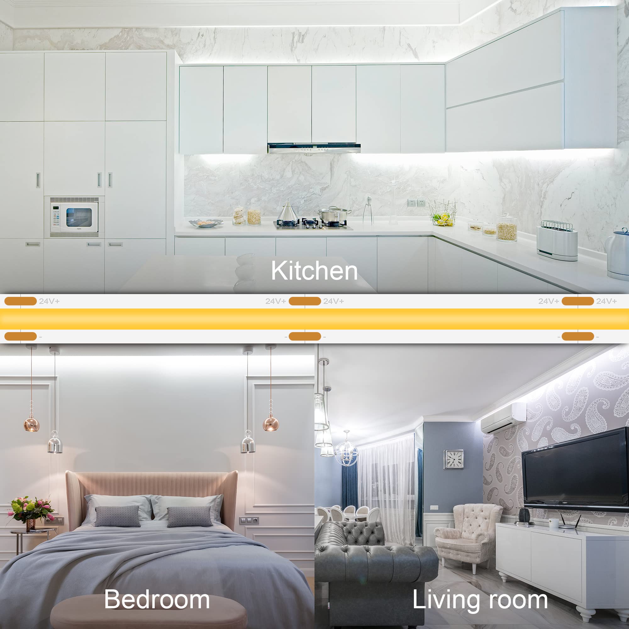 BERIXDEEP Striscia LED COB 5 Metri, Striscia LED Bianco Freddo con Alimentatore e Telecomando, CRI>90, DC24V, 480LEDs/M, Larghezza 8mm, Striscia LED Continua senza Punti Luce, 6000K