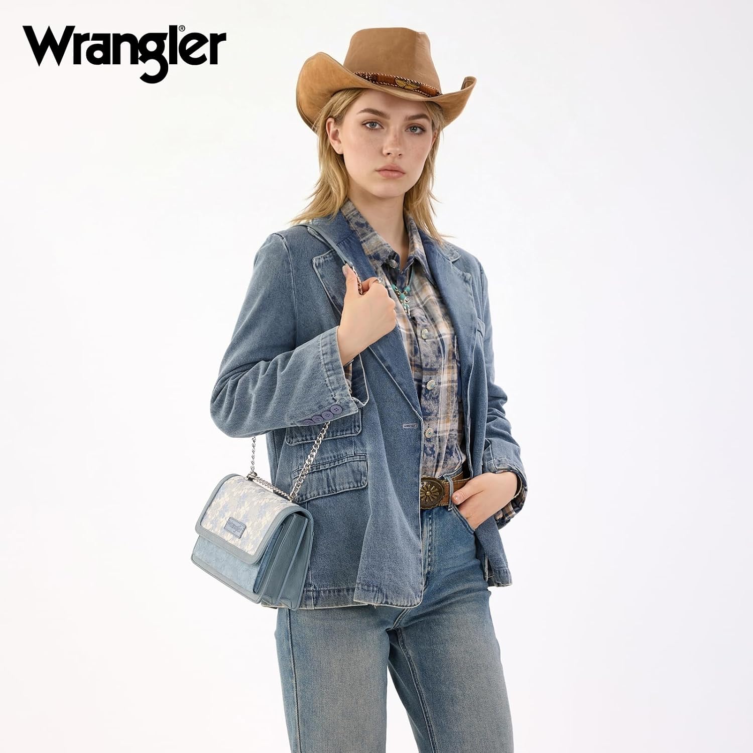 Wrangler Flap Shoulder Bag for Women Vintage Floral Tooled Crossbody Purse with Chain Strap